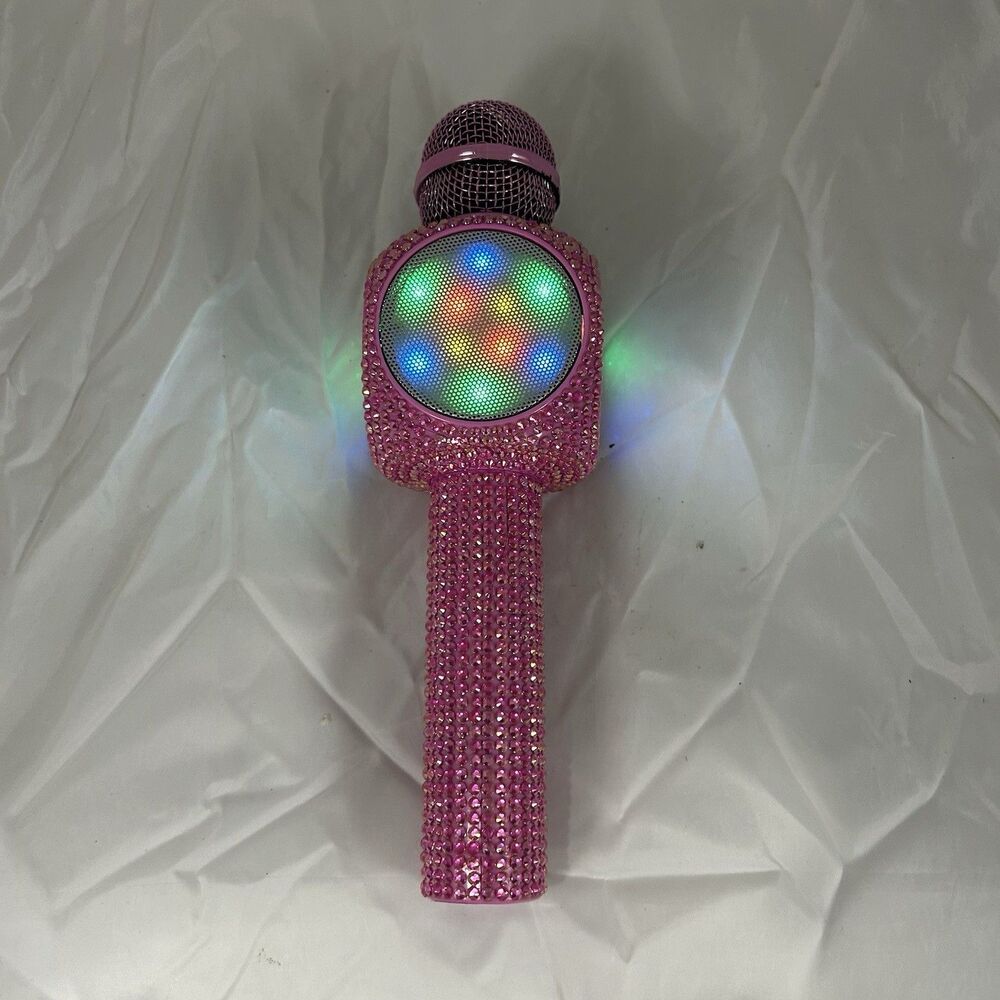 Pink Rhinestone Bluetooth Karaoke Microphone Speaker LED Lights Wireless - Picture 4 of 8